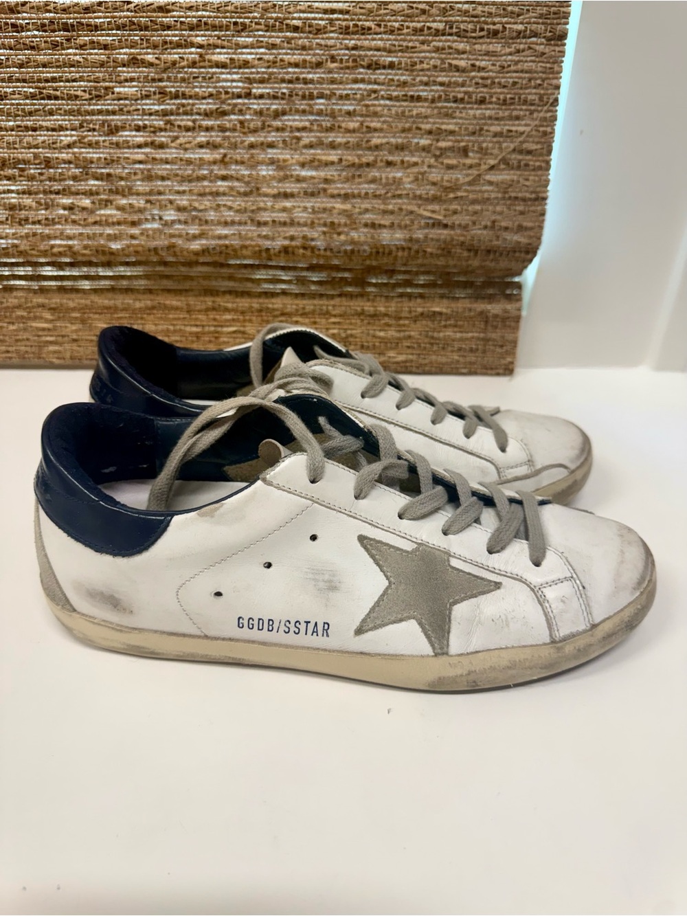 Golden Goose Superstar White Leather Sneakers with Navy Heel and Silver Star